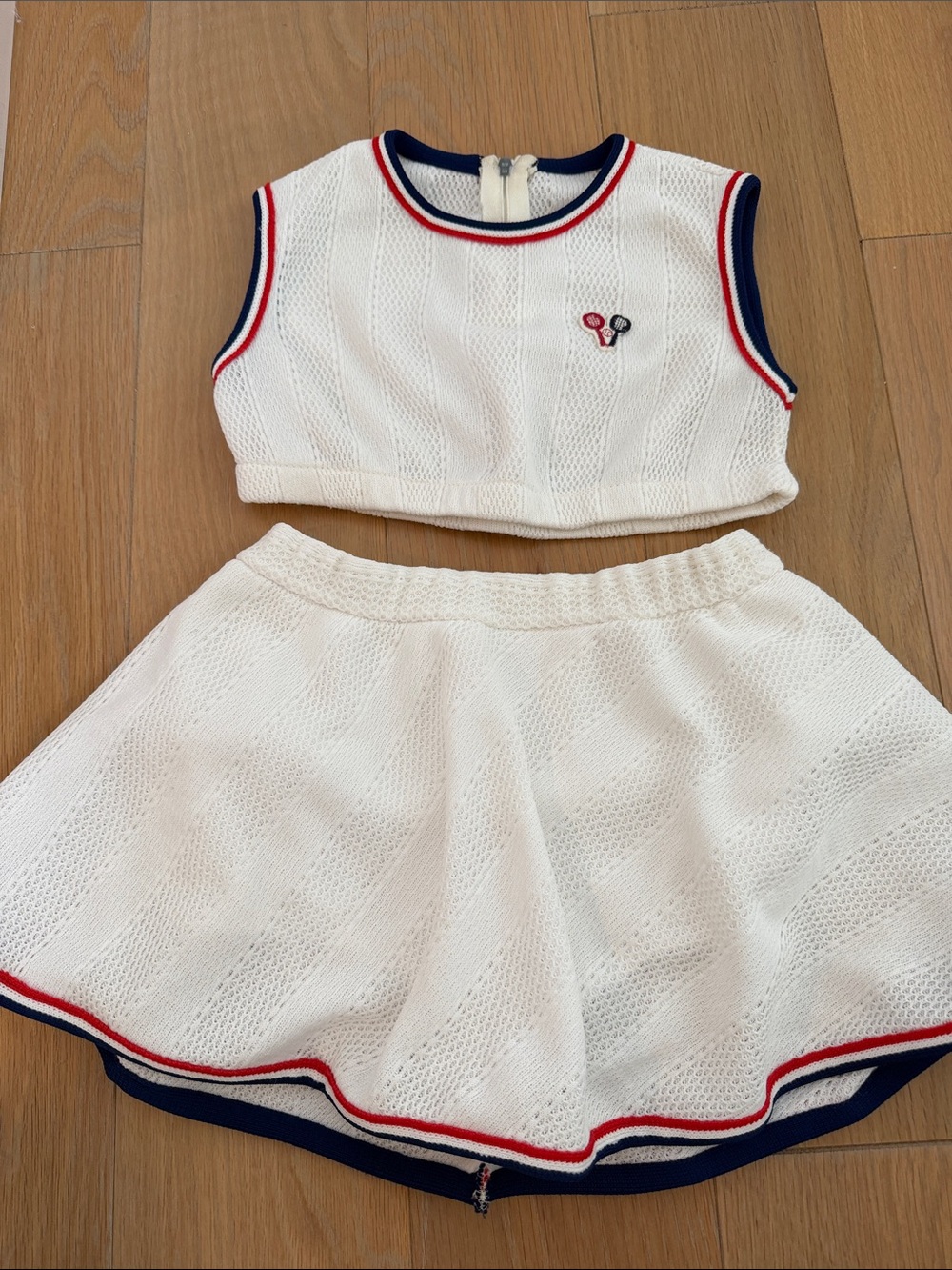 Vintage Girls White Mesh Two-Piece Tennis Set with Red & Navy Trim